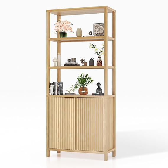 6-Tier Bookcase with Fluted Doors, 71" Wood Storage Cabinet