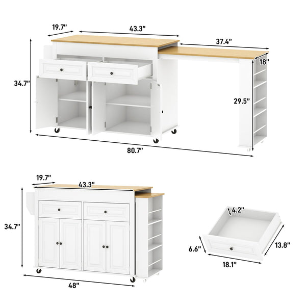 Extendable Kitchen Island Cart with Dining Table & Power Outlet