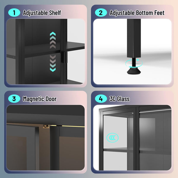 Glass Display Cabinet with LED Sensor Light, 5-Tier Curio Cabinet with Adjustable Shelves