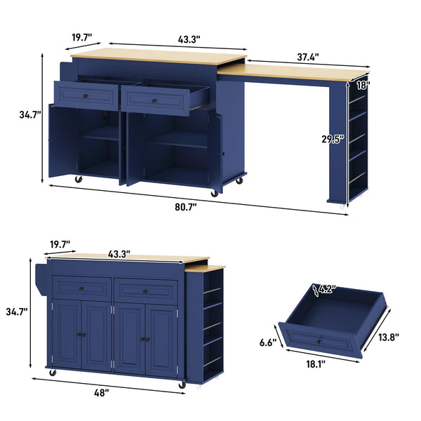 Extendable Kitchen Island Cart with Dining Table & Power Outlet