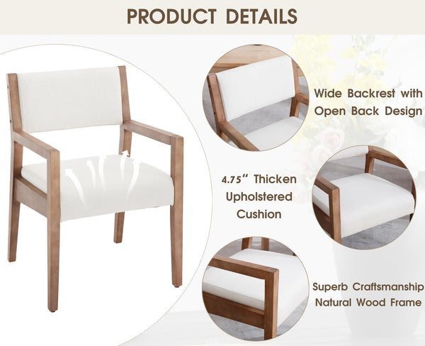 Upholstered Dining Chairs with Arms – Beige Linen & Natural Wood