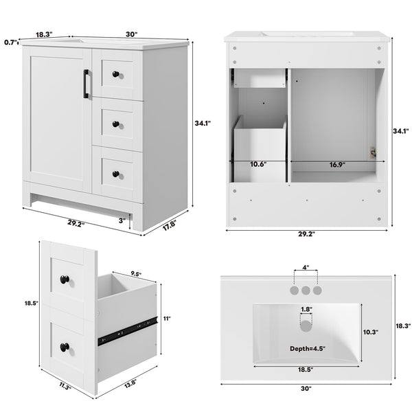 30" Freestanding Bathroom Vanity with Integrated Ceramic Sink