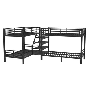 L-Shaped Metal Quad Bunk Bed with Stairs – Twin Size for 4