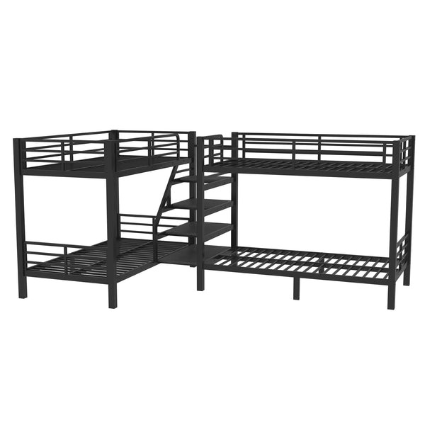 L-Shaped Metal Quad Bunk Bed with Stairs – Twin Size for 4