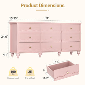 9 Drawer Dresser with Scalloped Design – Pink