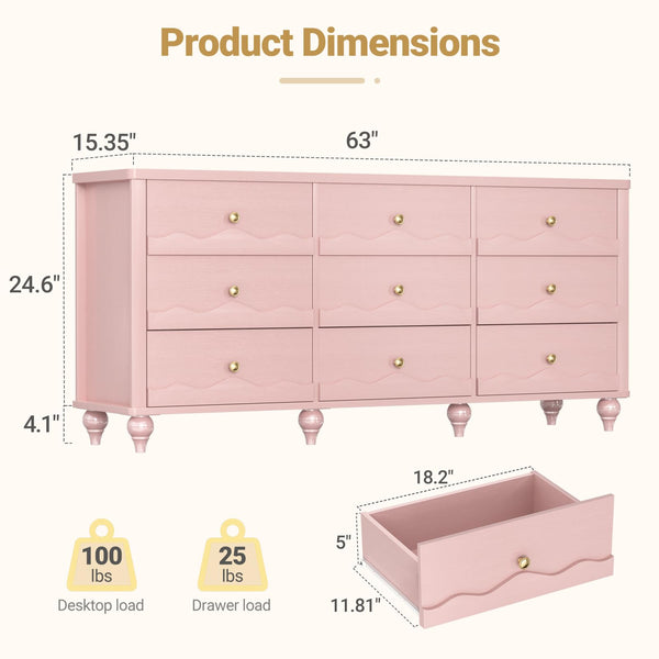 9 Drawer Dresser with Scalloped Design – Pink