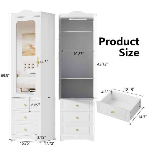 Armoire Wardrobe with Mirror, Drawers & Sensor Light