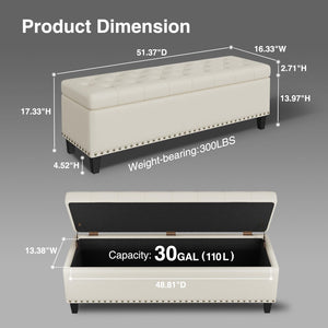 Faux Leather Storage Ottoman Bench, 51" Long, 30 Gallon, Tufted, Wooden Legs