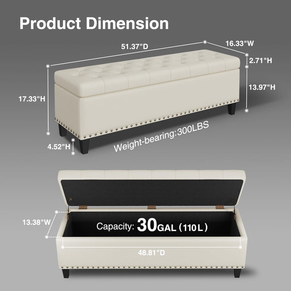 Faux Leather Storage Ottoman Bench, 51" Long, 30 Gallon, Tufted, Wooden Legs