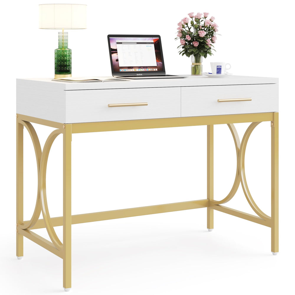 41-Inch Computer Desk with 2 Drawers – White & Gold