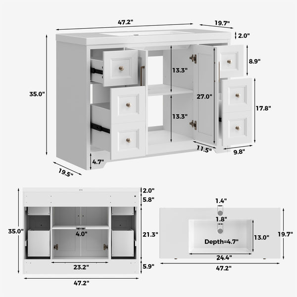 47.2" Bathroom Vanity with Sink, Soft-Close Doors & Drawers – White