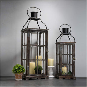 Farmhouse Wooden Candle Lanterns Set of 2 – Indoor & Outdoor Decorative Floor Lanterns