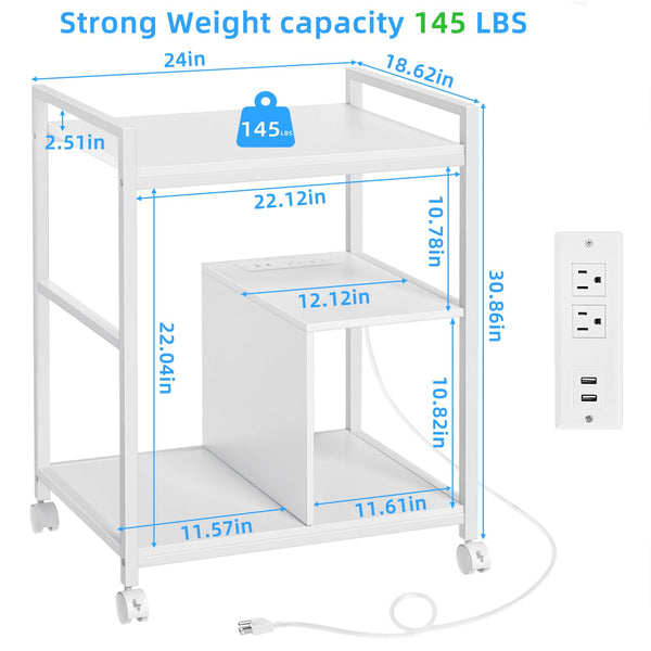 3-Tier Printer Stand with Charging Station & Lockable Wheels