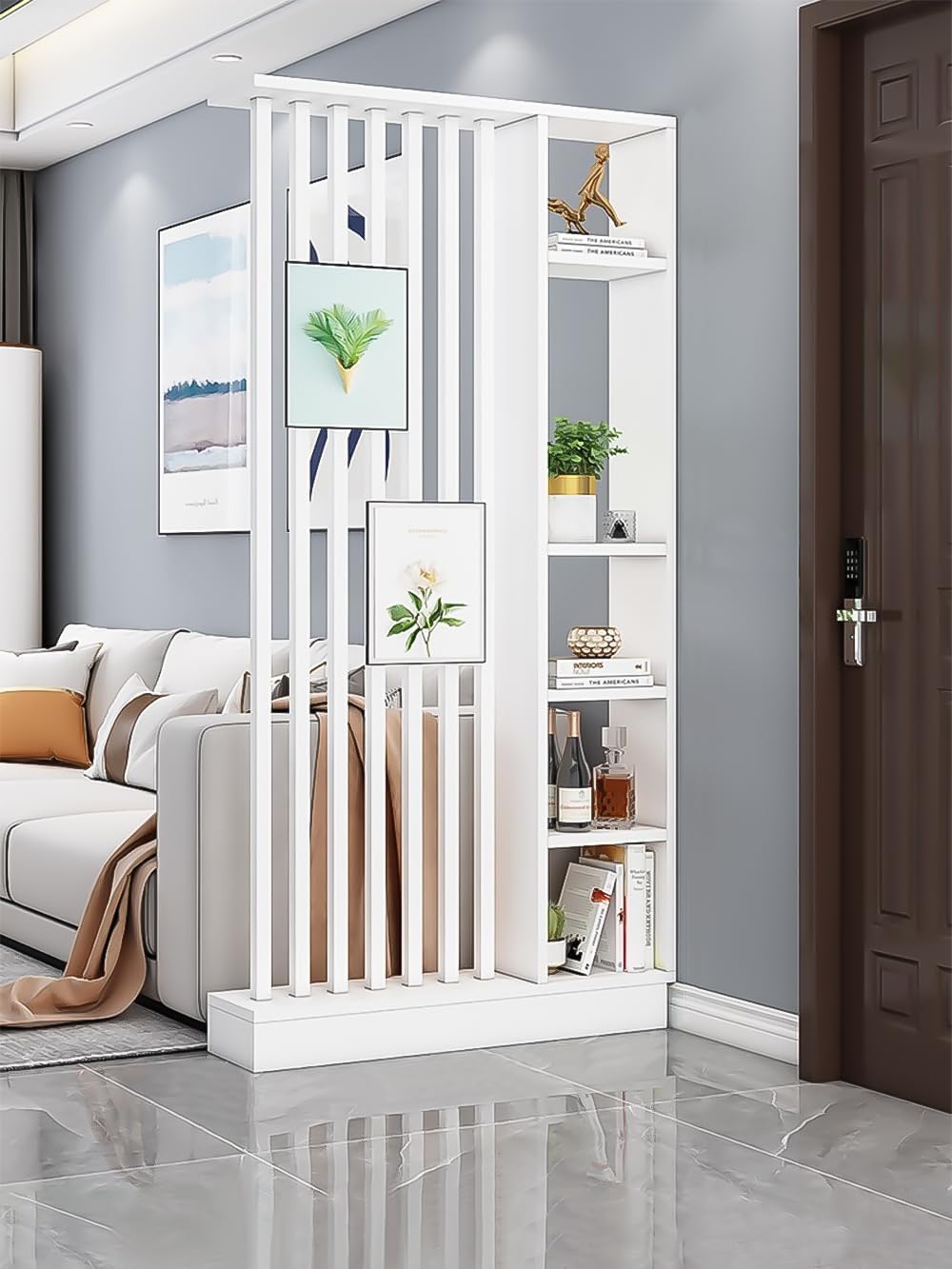 Freestanding Wood Room Divider with Storage Cabinet & Display Shelves