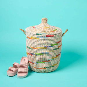 Wicker Grass Storage Basket with Removable Lid & Rope Handles – Modern Coastal