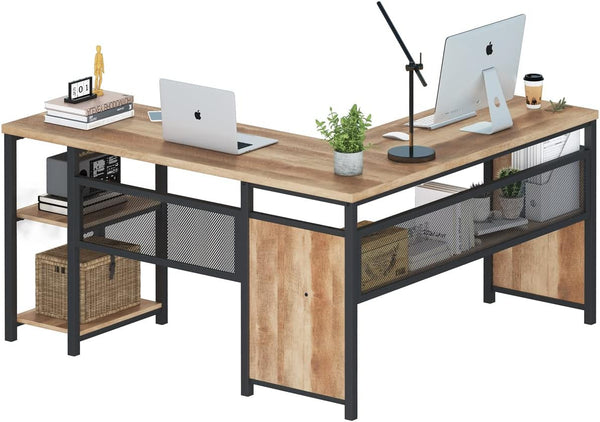L-Shaped Computer Desk with Wood Shelves & Metal Legs, 59 Inch
