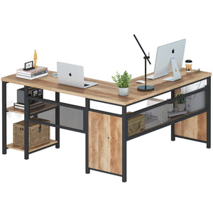 L-Shaped Computer Desk with Wood Shelves & Metal Legs, 59 Inch