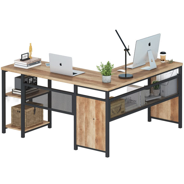L-Shaped Computer Desk with Wood Shelves & Metal Legs, 59 Inch
