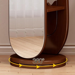 Rotating Floor Coat Rack with Dressing Mirror & Solid Wood Storage