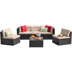 6-Piece Outdoor Sectional Sofa Set with Glass Coffee Table