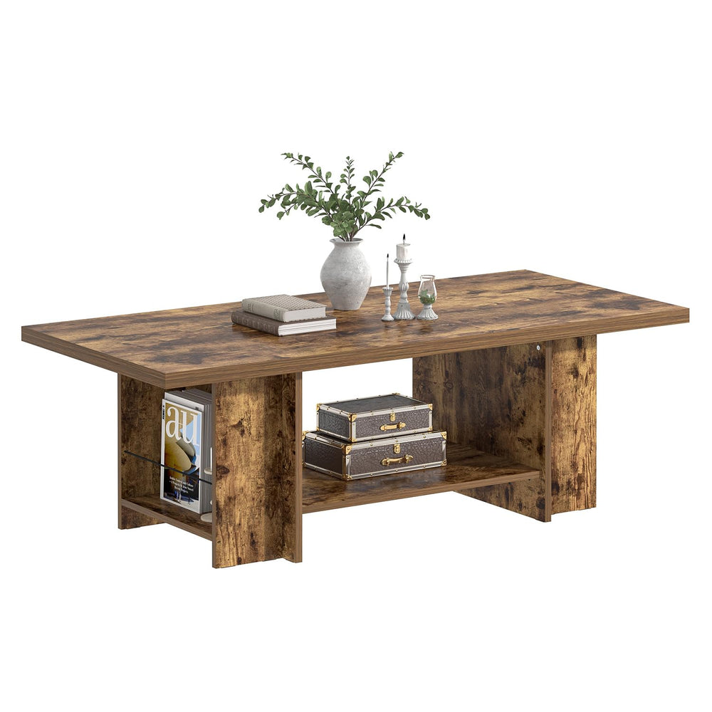 Rustic 2-Tier Coffee Table with Storage Shelves