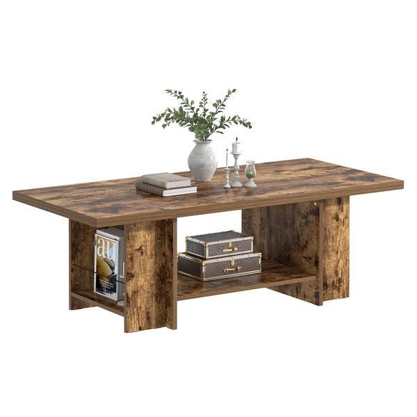 Rustic 2-Tier Coffee Table with Storage Shelves