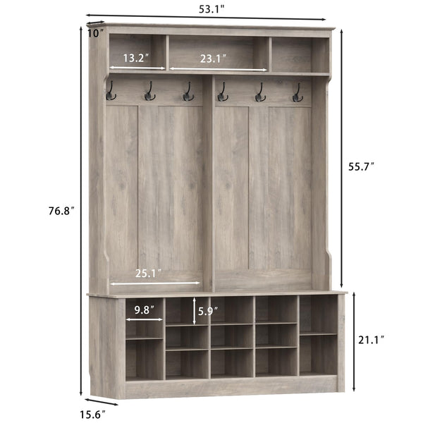 Farmhouse Hall Tree with Bench and Shoe Storage, Grey