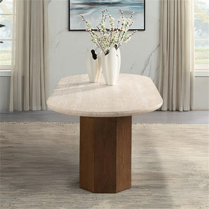Travertine Top Oval Dining Table with Dark Oak Base