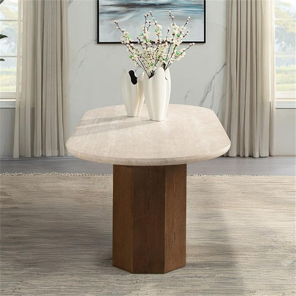 Travertine Top Oval Dining Table with Dark Oak Base