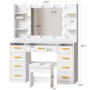 Large White Vanity Desk with Mirror, RGB Lights & 9 Drawers