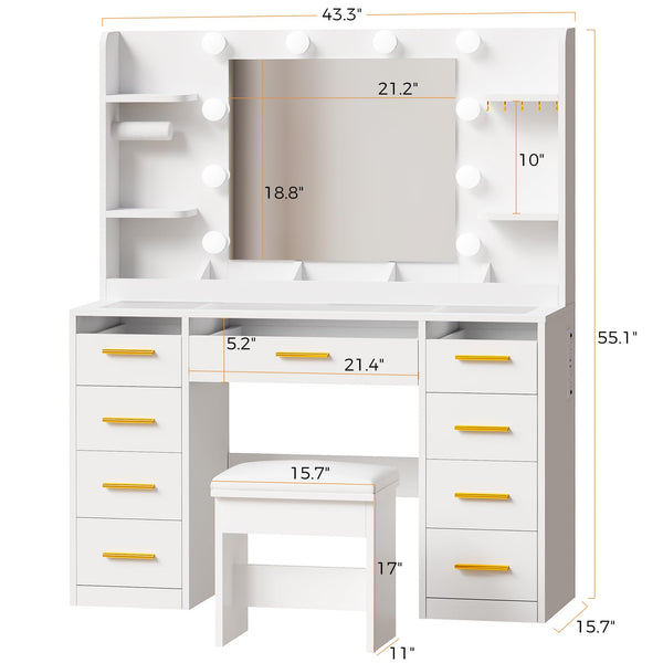 Large White Vanity Desk with Mirror, RGB Lights & 9 Drawers