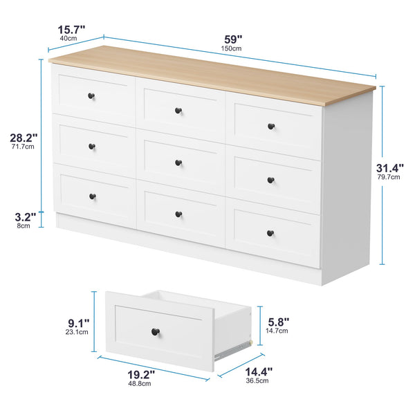 9 Drawer Dresser 59" Wide – Chest of Drawers with Metal Handles