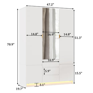 4-Door Armoire Wardrobe with LED Light & Mirror
