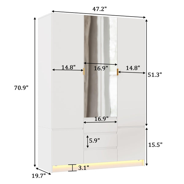 4-Door Armoire Wardrobe with LED Light & Mirror