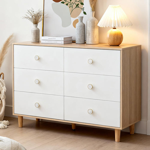 6-Drawer Dresser with Solid Wood Legs – White Nursery & Bedroom Storage