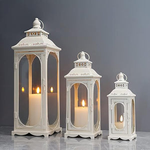 Set of 3 Vintage Metal Candle Lanterns with Tempered Glass – 10"/14"/19.5"H