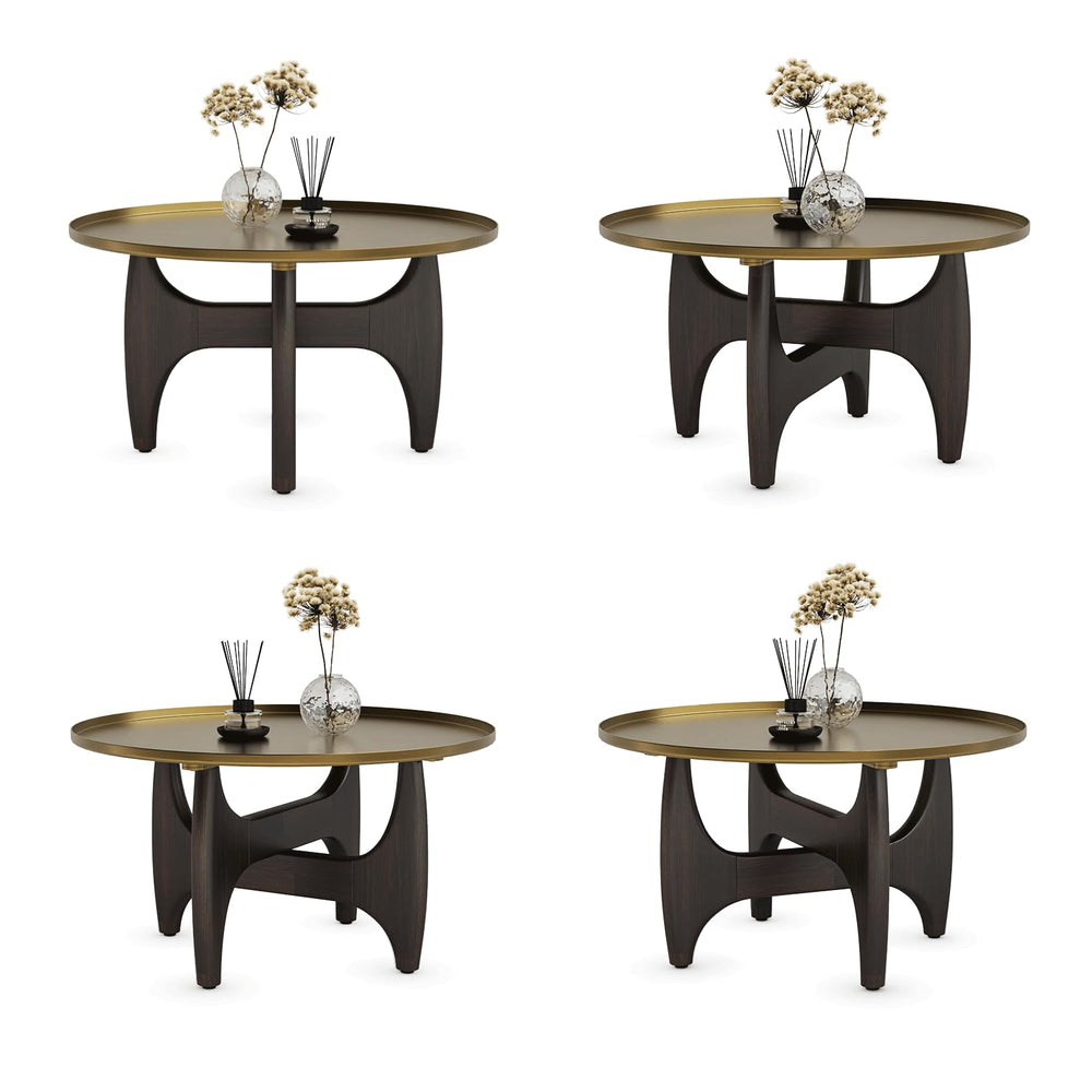 Round Coffee Table with Metal Tray Top & Wood X-Base