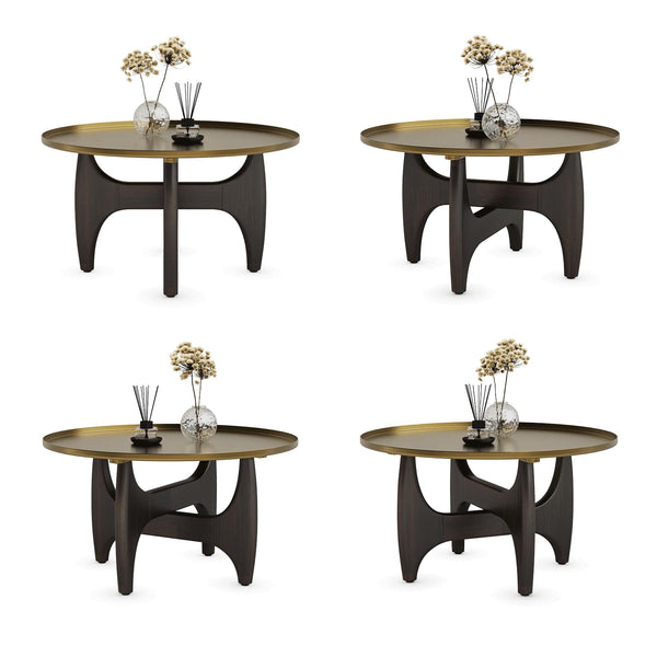 Round Coffee Table with Metal Tray Top & Wood X-Base