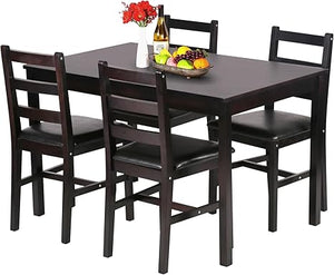 5-Piece Solid Pine Wood Dining Table Set with Upholstered Chairs