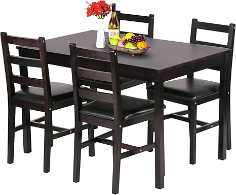 5-Piece Solid Pine Wood Dining Table Set with Upholstered Chairs
