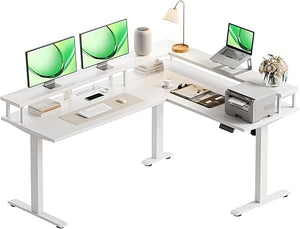 L-Shaped Electric Standing Desk 59 Inch with Monitor Shelf & Power Outlets