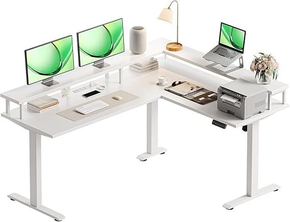 L-Shaped Electric Standing Desk 59 Inch with Monitor Shelf & Power Outlets