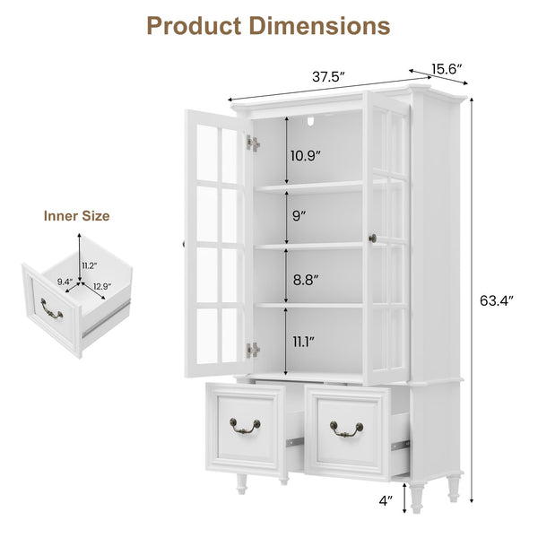 63" Tall Bookshelf with Glass Doors & Drawers