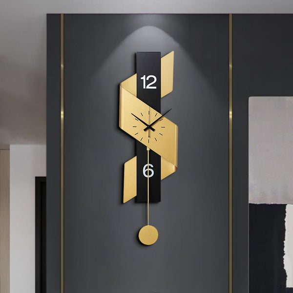 Large Modern Pendulum Wall Clock – Black & Gold Metal Analog