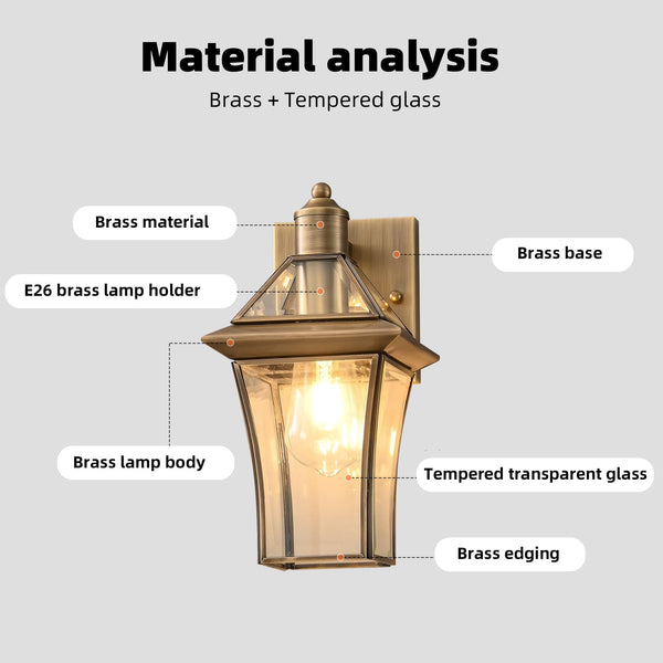Brass Outdoor Wall Lanterns 2-Pack – Waterproof Glass Shade Sconces for Porch, Front Door & Entryway