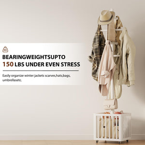 Freestanding Wood Coat Rack with 10 Hooks & Rolling Wheels