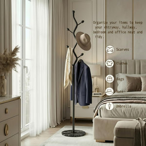 Tree Branch Coat Rack with Marble Base & 8 Hooks