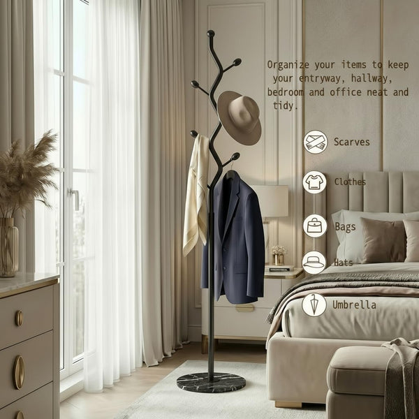 Tree Branch Coat Rack with Marble Base & 8 Hooks