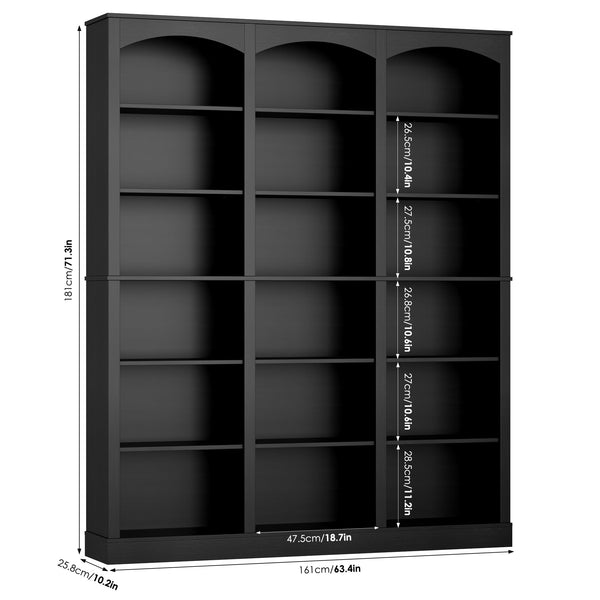 6-Tier Triple Wide Bookcase with Arched Design, 18 Open Shelves