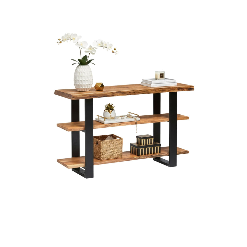 48-Inch 3-Tier Live Edge Console Table with Metal Frame